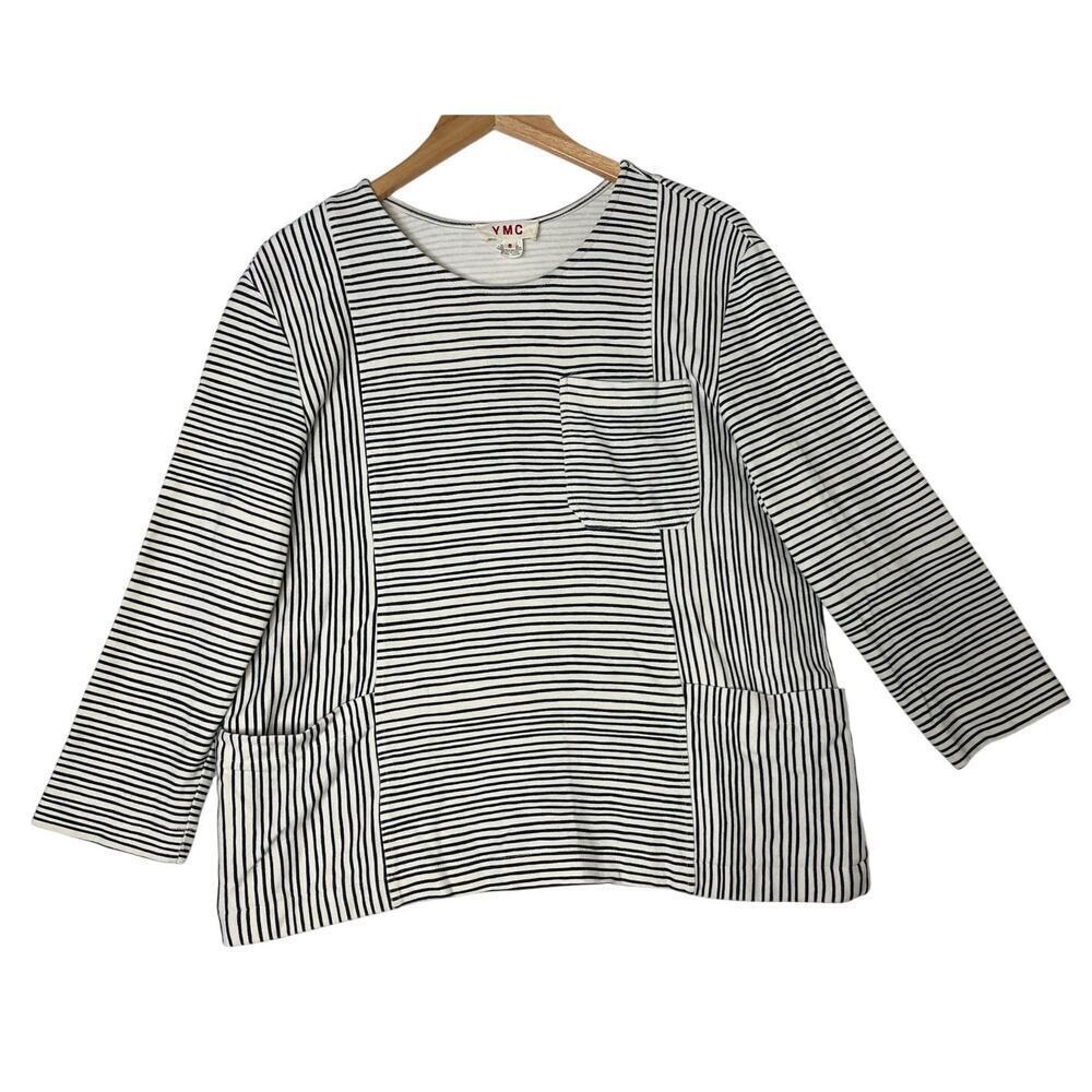 YMC You Must Create Beige Black Stripe Tunic Top Lagenlook Boho sz S Art to Wear